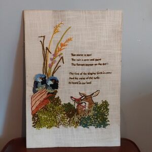 Vintage Erica Wilson Minerva Crewel Embroidery Deer Birds Poem 20x14 Wall Art